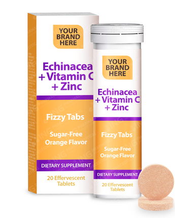 Echinacea + Vitamin C + Zinc Effervescent Tablets Private Label (SUGAR- FREE) | Echinacea Purpurea 250mg + Vitamin C 1,000mg + Zinc 10mg - Orange Flavor - Immune Support | Private Label Fizzy Tablets Manufacturer