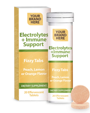 Electrolytes + Immune Support Effervescent Tablets Private Label | Vitamin C + Electrolytes - Peach, Lemon or Orange Flavor - Hydration & Immune Support | Private Label Fizzy Tablets Manufacturer