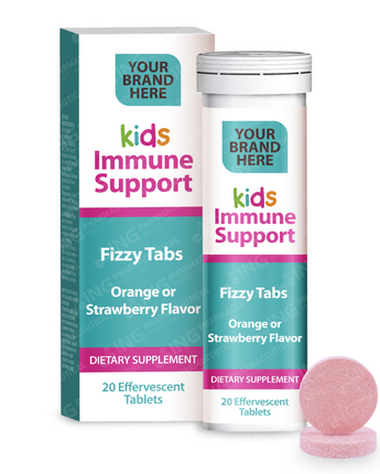 Kids Immune Support Effervescent Tablets Private Label | Vitamin C + Vitamin D + Zinc + Calcium + Iron - Strawberry or Orange Flavor - Immune Support for Children | Private Label Fizzy Tablets Manufacturer