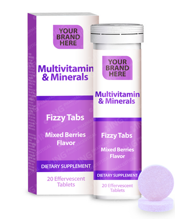 Multivitamin & Minerals Effervescent Tablets Private Label | Vitamin C + Vitamin A + B-Complex - Zinc + Calcium + Iron - Mixed Berries Flavor | Private Label Fizzy Tablets Manufacturer