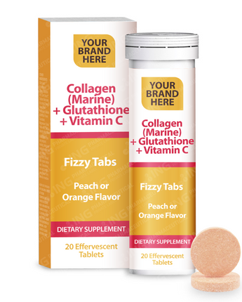 Marine Collagen + Glutathione + Vitamin C Effervescent Tablets Private Label | Collagen (Marine) + Glutathione + Vitamin C - Peach or Orange Flavor - Hair, Skin & Nails Support | Private Label Fizzy Tablets Manufacturer