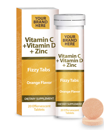 Vitamin C + Vitamin D + Zinc  Effervescent Tablets Private Label | Vitamin C 1,000mg + Vitamin D3 400IU + Zinc 10mg - Orange Flavor | Private Label Fizzy Tablets Manufacturer