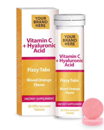 Vitamin C + Hyaluronic Acid Effervescent Tablets Private Label | Hyaluronic Acid 40mg + Vitamin C 8mg - Blood Orange Flavor | Private Label Fizzy Tablets Manufacturer