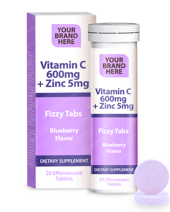 Vitamin C 600 + Zinc 5mg Effervescent Tablets Private Label | Vitamin C 600mg + Zinc 5mg - Blueberry Flavor - Immune Support | Private Label Fizzy Tablets Manufacturer