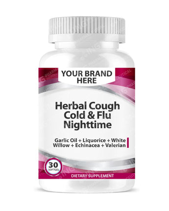 Herbal Cough Cold & Flu NIGHTTIME Softgels White Label | Garlic Oil + Liquorice + White Willow + Echinacea + Valerian - Private Label Softgels Manufacturer