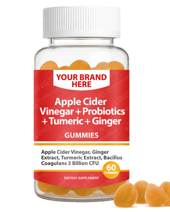Apple Cider Vinegar + Probiotics + Tumeric + Ginger Gummies Private Label (PECTIN) | ACV + Curcuma + Zingiber + Bacillus Coagulans | Private Label Gummy Manufacturer | LOW MOQ FORMULA