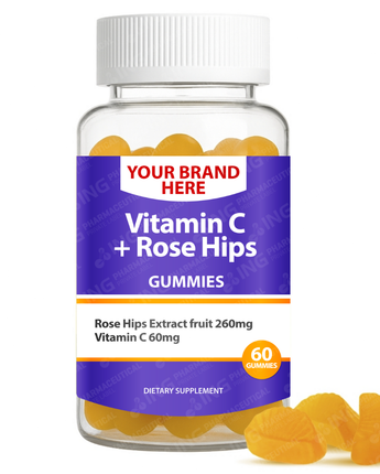 Vitamin C + Rose Hips Gummies Private Label (PECTIN) | Vit C 60mg + Rose Hips Extract Gummies  | Private Label Gummy Manufacturer | LOW MOQ FORMULA