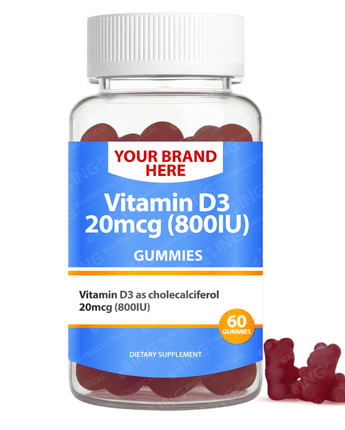 Vitamin D3 800IU Gummies Private Label (PECTIN) | Vit D3 as cholecalciferol 20mcg (800IU) Gummies  | Private Label Gummy Manufacturer | LOW MOQ FORMULA