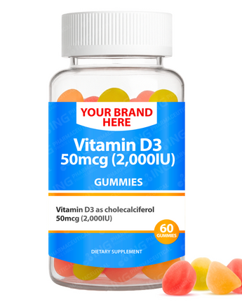 Vitamin D3 2000IU Gummies Private Label (PECTIN) | Vit D3 as cholecalciferol 50mcg (2000IU) Gummies  | Private Label Gummy Manufacturer | LOW MOQ FORMULA